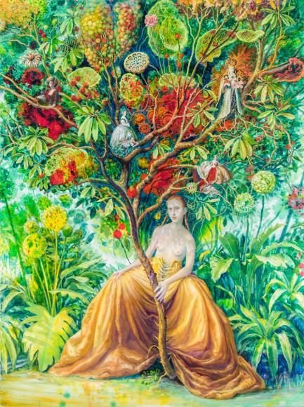 a painting by Julie Heffernan of a woman in a large gold skirt, straddling a tree trunk whose branches contain abstract flowers and different art historical depictions of women