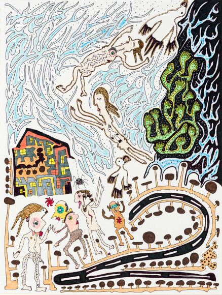 a fantastical drawing of figures on a road by self-taught artist Jeanne Brousseau