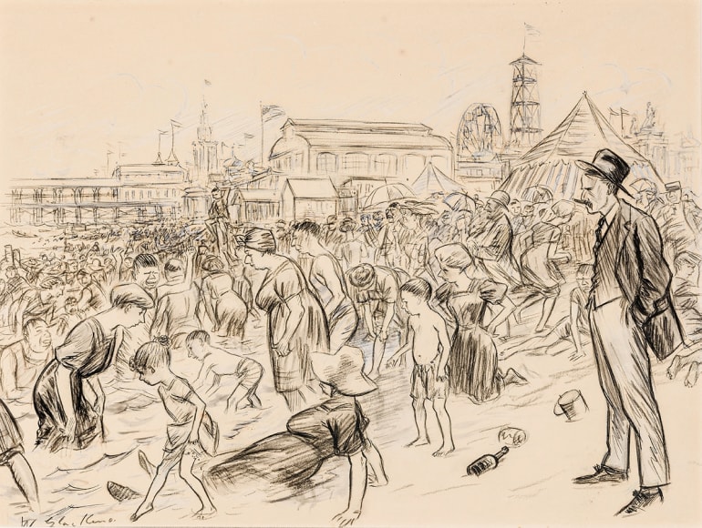 WILLIAM GLACKENS (1870&ndash;1938), &quot;I Went Down to Coney for a Swim,&quot; about 1907. Ink, charcoal, and gouache on paper, 13 1/2 x 17 in.