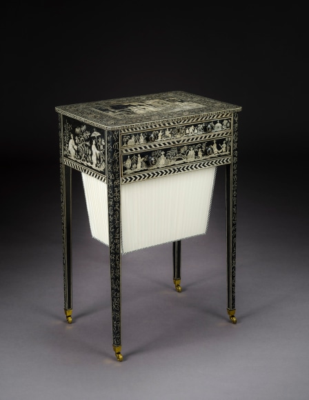 English, &quot;Regency Work Table with Chinoiserie Penwork Decoration,&quot; about 1820. Japanned wood (birch, cypress, and mahogany), with penwork decoration, and fabric-covered workbox, 31 in. high, 20 3/4 in. wide, 15 in. deep.