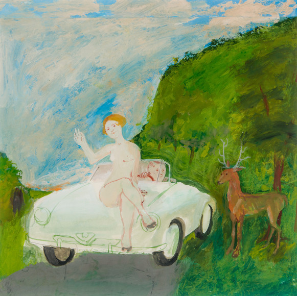 Honor&eacute; Sharrer (1920&ndash;2009), &quot;Nude on Car / Man / Stag.&quot; Casein on paper, 16 x 16 1/2 in.