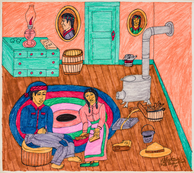 Willard Watson, aka &quot;The Texas Kid&quot; (1921&ndash;1955), &quot;Mother Putting Paper in my Tennis Shoes,&quot; 1981. Colored marker and pencil on board, 13 1/4 x 15 in.