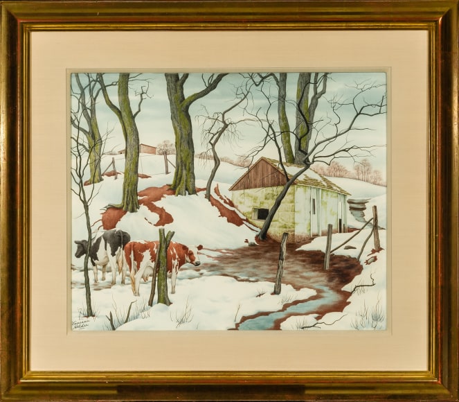 Z. VANESSA HELDER (1903&ndash;1968), Red Earth and Spotted Cows, c. 1942. Watercolor on paper, 17 3/4 x 21 1/2 in. Showing gilded frame and linen window mat.