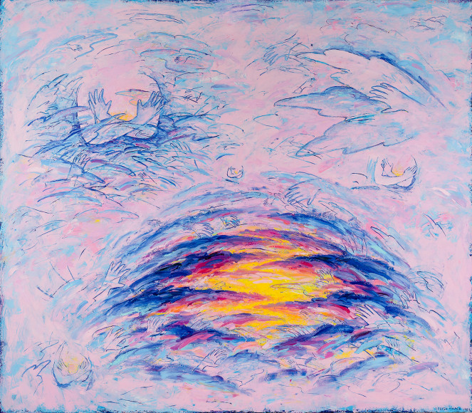 a bright yellow and blue sunset sits in a lushly-painted pink background with enfolded hands and arms hidden in the clouds