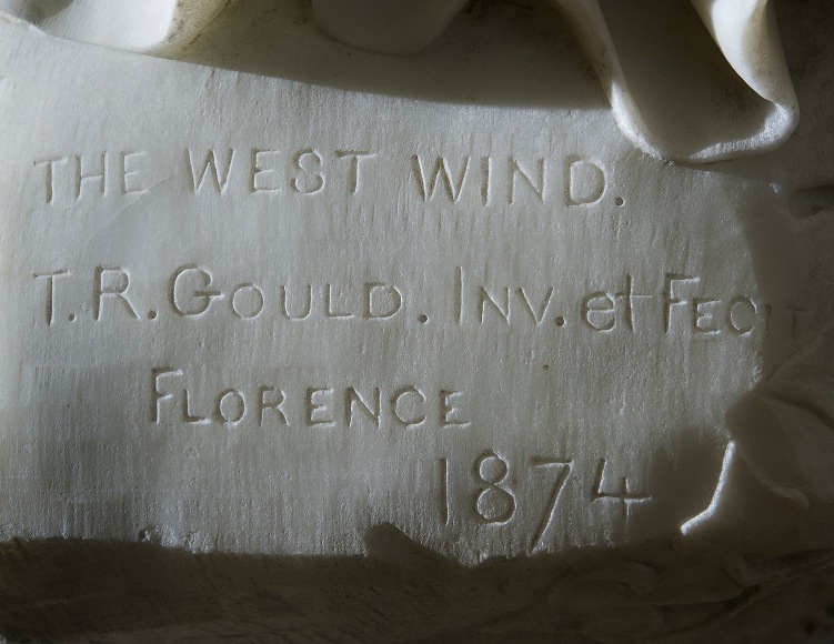THOMAS RIDGEWAY GOULD (1818–1881), "The West Wind," 1874. Marble, 48 in. high. Detail of signature and inscription.
