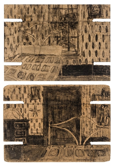 a double-sided drawing by self-taught artist James Castle of a bedroom interior