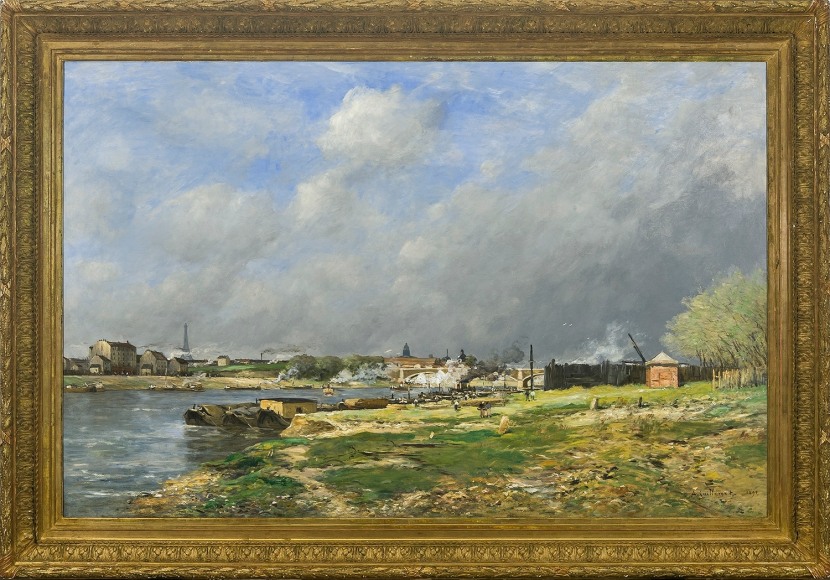 ANTOINE GUILLEMET (1843&ndash;1918), &quot;Paris: La Seine &agrave; Conflans-Charenton,&quot; 1891. Oil on canvas, 51 1/4 x 78 3/4 in.