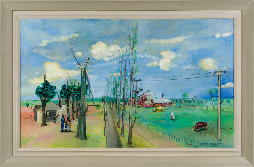 PHILIP EVERGOOD (1901–1973), "Fat of the Land," c. 1940–41. Oil on canvas, 28 x 46 in. Showing painted modernist frame.