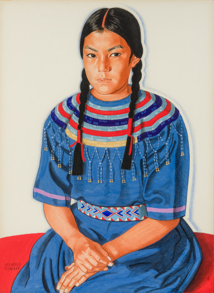 WINOLD REISS (1886–1953), "Long Time River Woman (Blackfoot Maiden)." Mixed media on paper, 29 1/2 x 21 1/4 in.