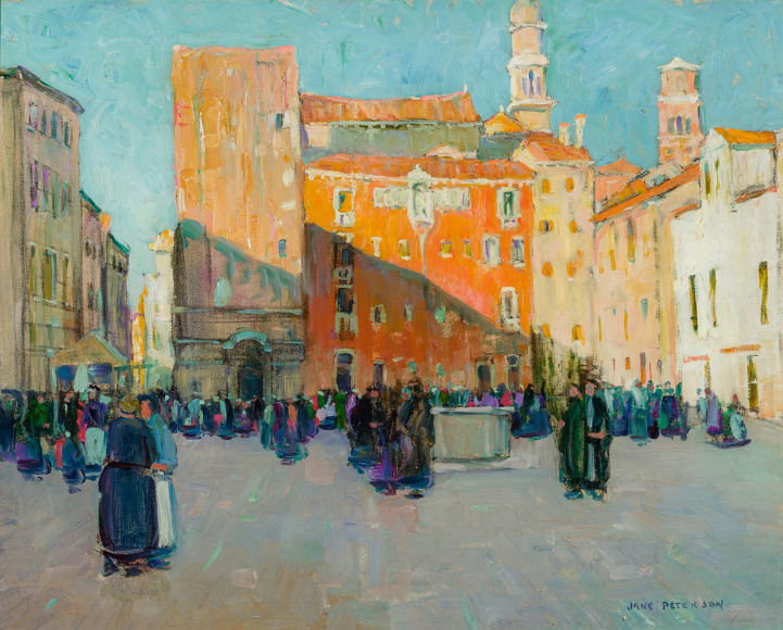 JANE PETERSON (1876&ndash;1965), &quot;Campo Santa Margherita, Venice,&quot; c. 1920. Oil on canvas, 24 1/2 x 29 1/2 in.