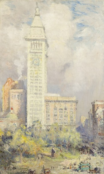 COLIN CAMPBELL COOPER (1856&ndash;1937), &quot;Metropolitan Life Tower, Madison Square,&quot; about 1909&ndash;19. Oil on canvas, 32 5/8 x 20 1/4 in. (detail).