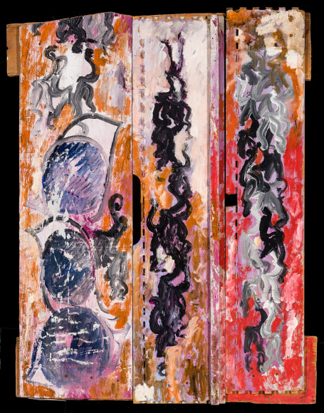 a paint and wood assemblage of eyes by Self-taught artist Purvis Young