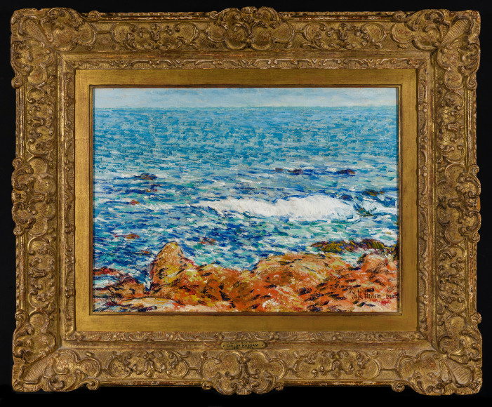 CHILDE HASSAM (1859&ndash;1935), &quot;Seascape: Appledore, Isles of Shoals,&quot; 1902. Oil on canvas, 14 1/4 x 19 1/2 in. Showing gilded Louis XIV-style continuously carved frame.