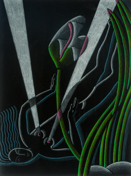 WINOLD REISS (1886–1953), "Untitled (Allegorical Figure with Vegetation)." Pastel on black paper, 12 x 9 in.