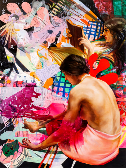 a painting by Angela Fraleigh of two women from various art historical sources reading within a complex and hallucinatory patterned background