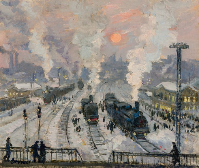 Valeri Sekret (Russian, b. 1950, "Train Station,"2007. Oil on canvas, 18 1/4 x 22 1/2 in.