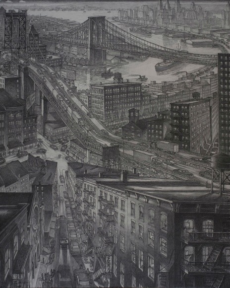 Eldridge St., 2014, Charcoal on paper, mounted on board, 60 x 48 in. 