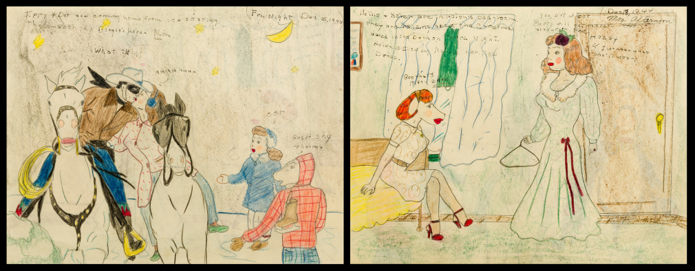 A double-sided drawing with two children (one with a dog face) meeting the Lone Ranger on horseback on one side, and two girls dressing for a dance on the other side.