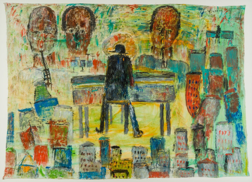 Purvis Young (1943&ndash;2010), &quot;Thelonius Monk, Jazz in Colored Town,&quot;&nbsp;early 1970s. ​​​​​​​Paint on canvas, 48 x 68 in.