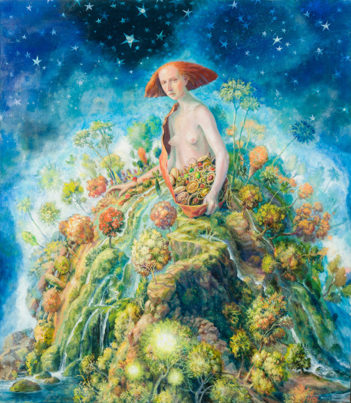 a painting by Julie Heffernan of a woman in the cosmos whose skirt is a landscape full of trees and rivers and waterfalls