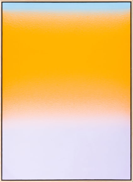 a colorfield painting by Stanley Twardowicz done with an airbrush showing a luminous band of blue blending into a large dominant field of orange into a band lilac at the bottom