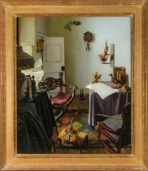 PRISCILLA WARREN ROBERTS (1916&ndash;2001), &quot;Home of the Artist,&quot; about 1944&ndash;45. Oil on wood panel, 35 3/8 x 29 1/4 in. Showing gilded &quot;cassetta&quot; frame.