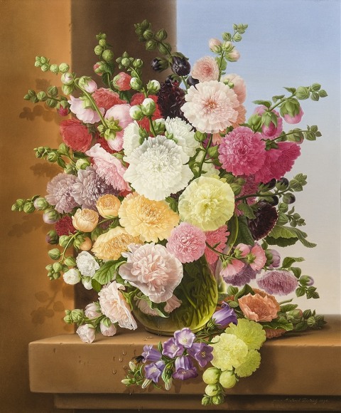 Image of Adelheid Dietrich's An Arrangement of Double Hollyhocks, oil on canvas, 26 1/2 x 22 inches, painted in 1878