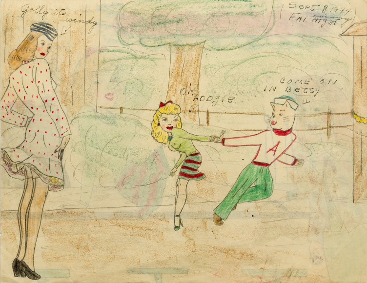 a drawing by self-taught artist Mary P. Corbett of some of her &quot;The Catville Kids&quot; dancing outside; some of whom have animal faces