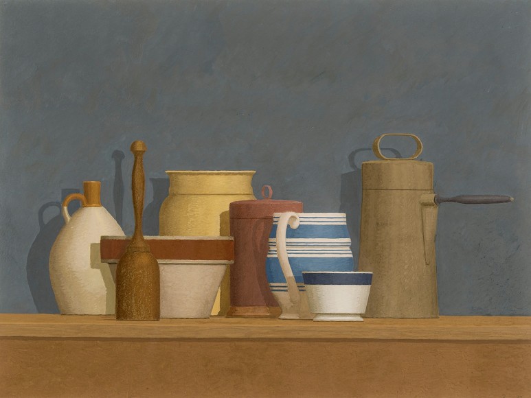 William Bailey (1930&ndash;2020), &quot;Still Life&mdash;Niccone,&quot; 1982. Casein on paper, 13 1/2 x 18 in.