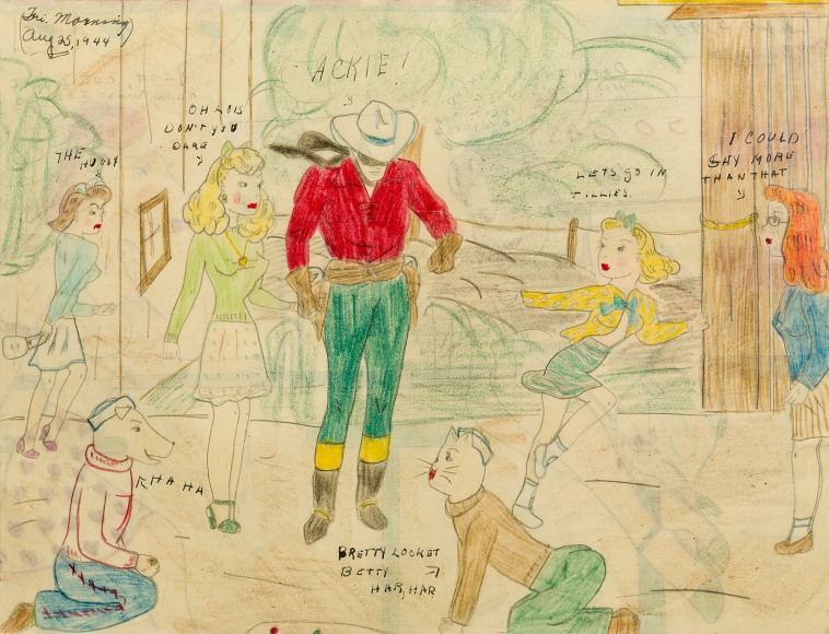 a drawing by self-taught artist Mary P. Corbett of some of her &quot;The Catville Kids&quot; outside with The Lone Ranger; some of whom have animal faces