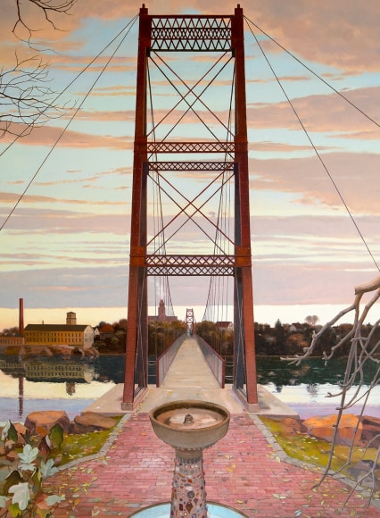 looking across a long footbridge