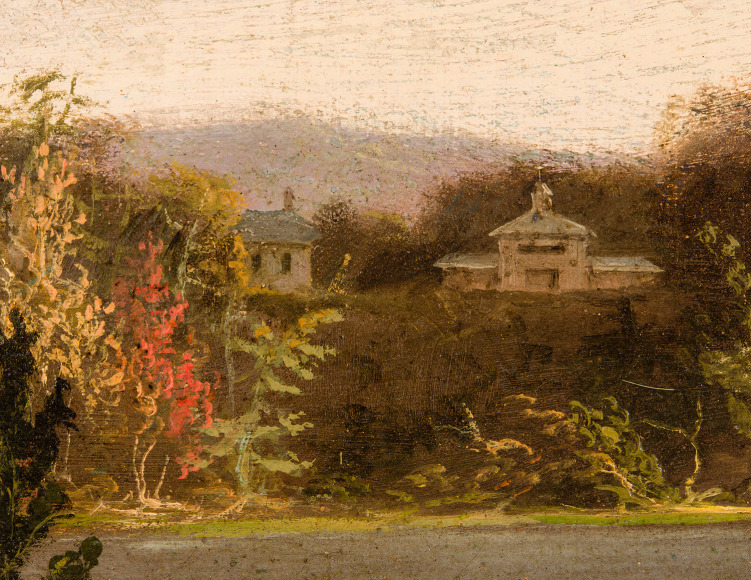 THOMAS COLE (1801–1848), "View of Featherstonhaugh Estate Near Duanesburg, New York," 1826. Oil on canvas, 34 x 48 in. Detail of outbuildings at upper right.