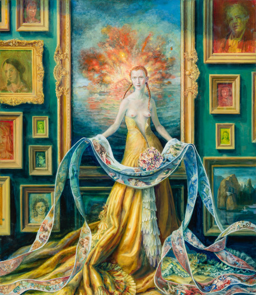 Julie Heffernan (b. 1956), &quot;Self-Portrait with Backwards Dress,&quot; 2018&ndash;23. Oil on canvas, 60 x 52 in.