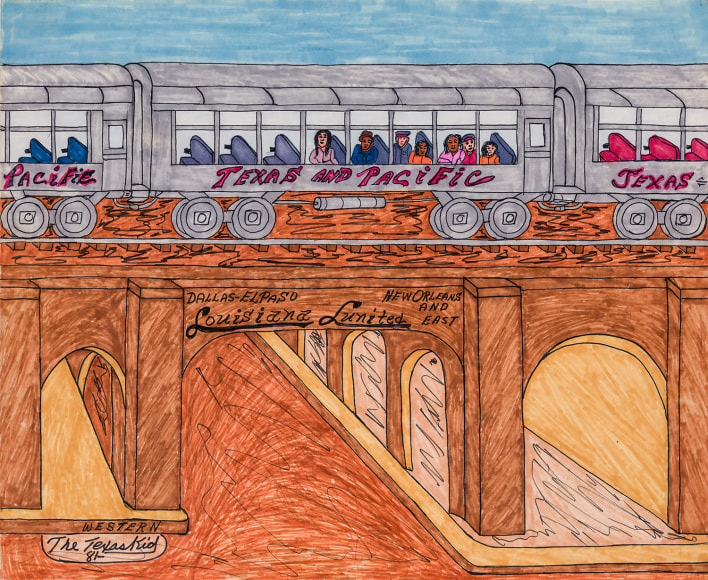 Willard Watson, aka &quot;The Texas Kid&quot; (1921&ndash;1955), &quot;Family Leaving Shreveport Coming to Texas,&quot; 1981. Colored marker and pencil on board, 13 1/4 x 17 in.