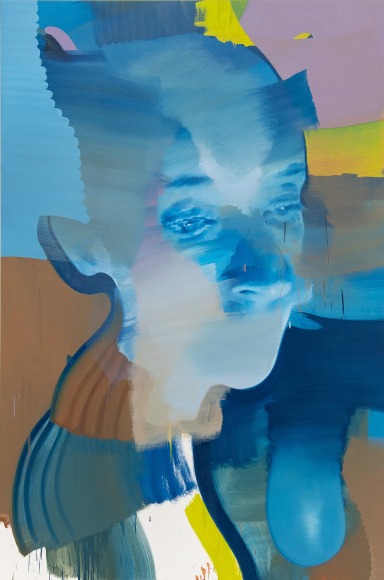 a painting by Eric Helvie wherein a photorealist portrait is obscured by layers of blue and brown paint applied in an abstract style