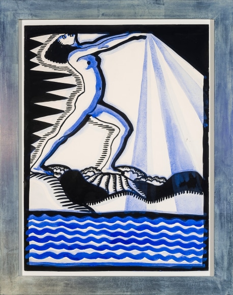 WINOLD REISS (1886&ndash;1953), &quot;Nude Woman Stepping on Land.&quot; Tempera on paper, 19 7/8 x 14 7/8 in. Showing gilded Modernist-style frame.