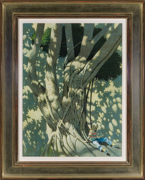 ROBERT VICKREY (1926&ndash;2011), &quot;A Green Thought,&quot; about 1999. Egg tempera on gessoed panel, 24 x 17 7/8 in. Showing gilded Modernist frame.