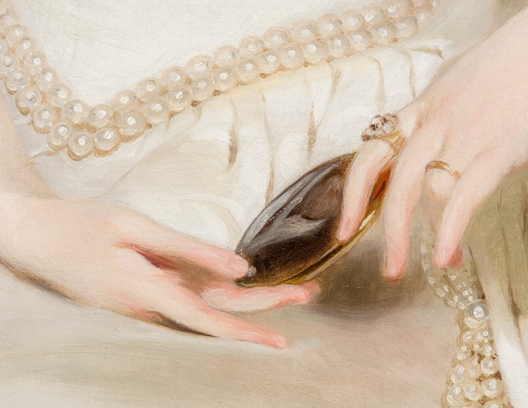 THOMAS SULLY (1783–1872), Portrait of Mrs. Joseph Merrefield (née Rebecca Janney) of Baltimore, 1849. Oil on canvas, 36 x 28 in. Detail of portrait miniature of her husband, Joseph Merrefield.