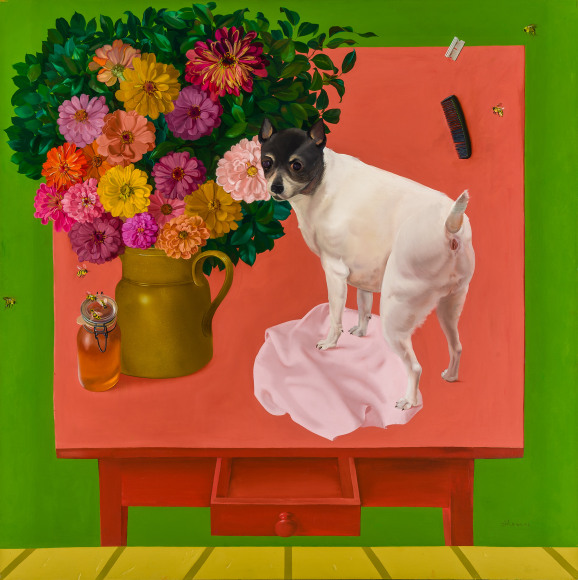 a complex, surrealist tabletop still life painting by Honor&eacute; Sharrer featuring a dog, a pink napkin, flowers, bees and honey