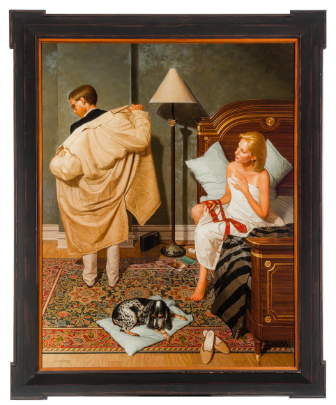 a painting by Stone Roberts of a couple in their bedroom wherein he is putting on his coat appearing to leave and she, still in bed, waits to hand him his tie