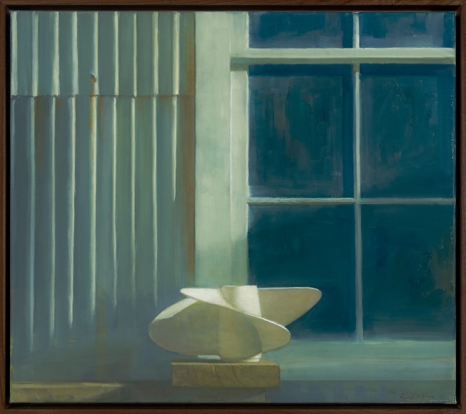 a painting by Randall Exon of a white propeller sitting by a stretch of window and corrugated metal wall