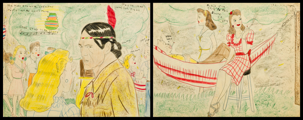 Mary P. Corbett (1930&ndash;2019), &quot;Untitled (&quot;The kids are at the &quot;Soda Pop Party&quot; at the Lawn Park...&quot;),&quot; 1945. Colored pencil and graphite on paper (double-sided), 8 1/2 x 11 in.