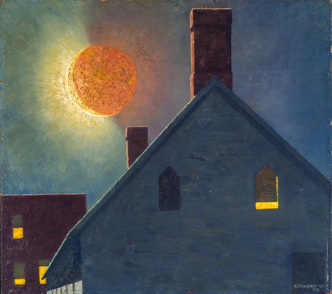 HANS WEINGAERTNER (1896–1970), "Small Eclipse," 1938. Oil on wood panel, 17 1/2 x 19 1/2 in.