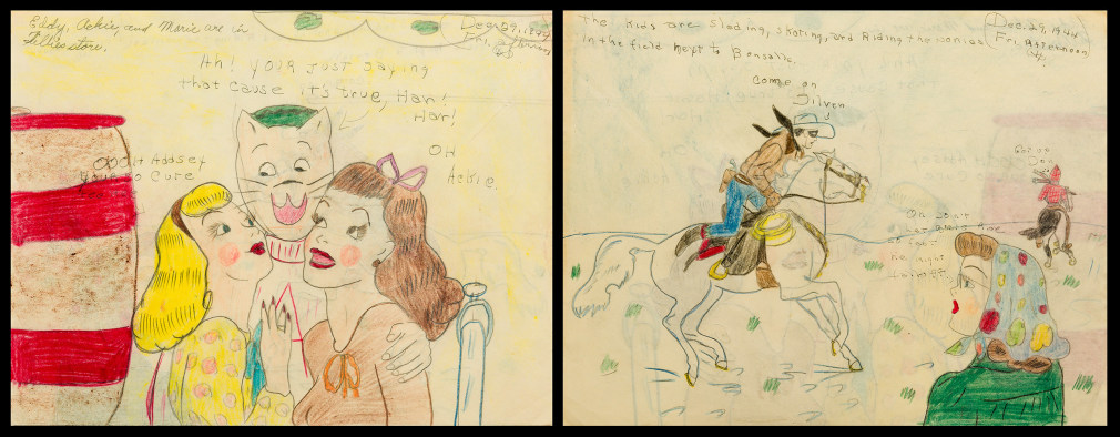 A double-sided drawing with two girls hugging a cat-faced boy on one side and the Lone Ranger on his white horse in pursuit on the other side.