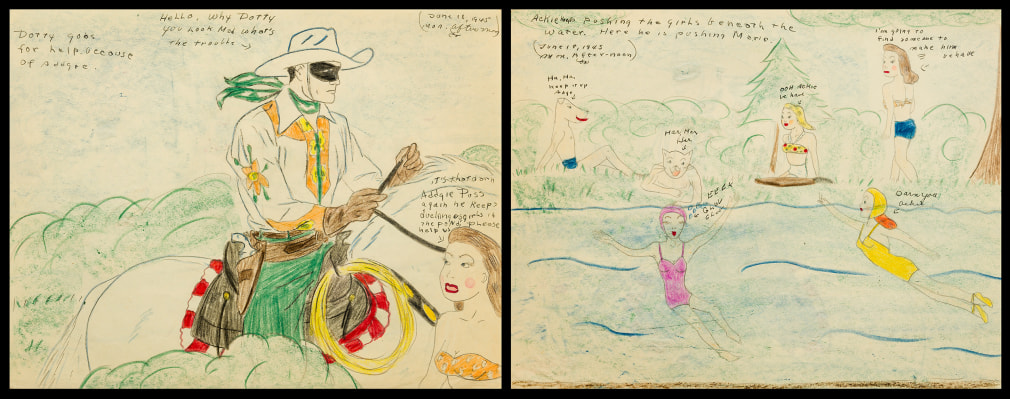 A double-sided drawing with the Lone Ranger on his white horse talking to a girl on one side and girls and boys (the boys with dog or cat faces) cavorting by a lake.