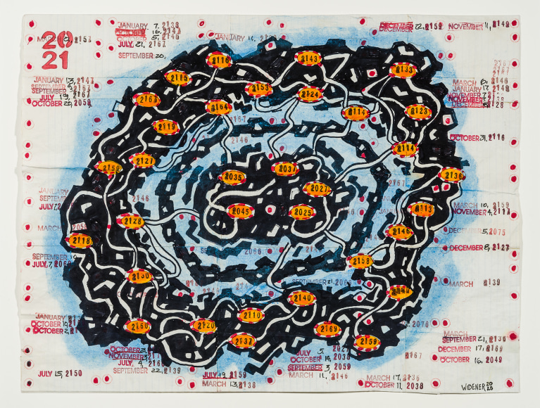 GEORGE WIDENER (b. 1962), &quot;[Map with Concentric Circles],&quot; 2025. Colored marker, ink, and crayon on notebook paper, 16 1/8 x 21 3/16 in.