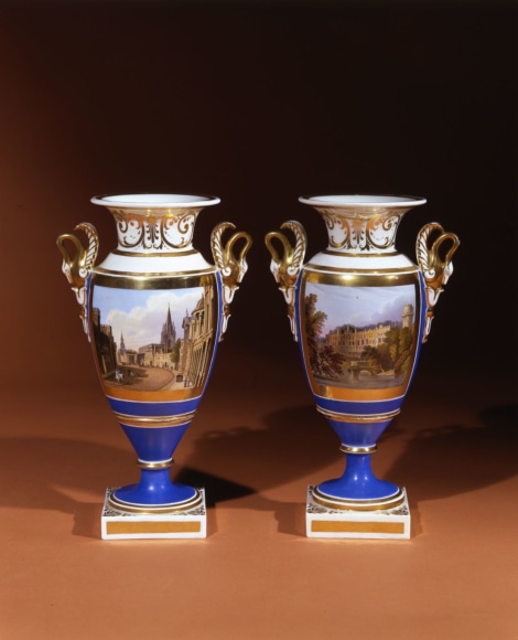 Pair Blue-Ground Vases with Swan Handles with Views of High Street, Oxford, and Warwick Castle, Warwickshire, about 1820