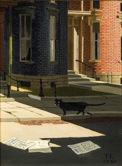 THOMAS FRANSIOLI (1906–1997), Street Scene: “King George Dies,” 1952. Oil on canvas, 8 1/4 x 6 1/4 in.