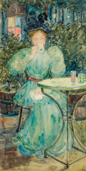 MAURICE BRAZIL PRENDERGAST (1858&ndash;1924), &quot;Woman at a Table,&quot; about 1893&ndash;94. Watercolor on paper, 15 3/16 x 8 3/16 in.
