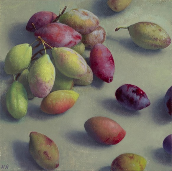 a still-life painting by Amy Weiskopf of purple and green baby plums on a table top